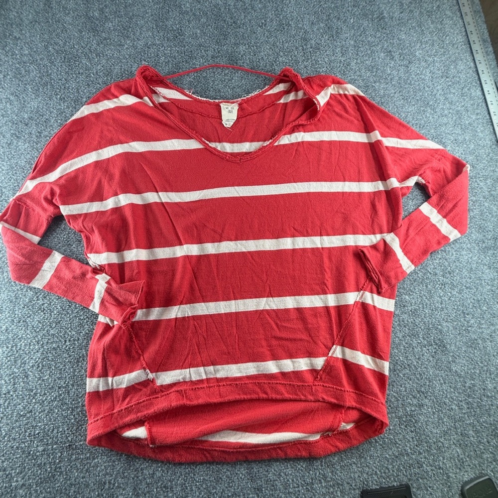 We The Free Free People Red Striped V-Neck Oversized Long Sleeve Top XS S 0758